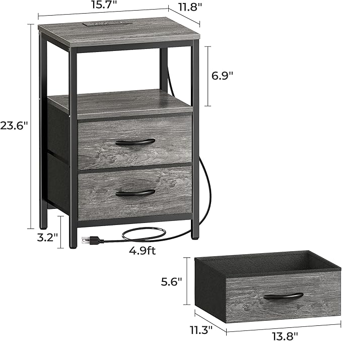 Huuger Nightstand with Charging Station, Fabric Drawers, End Table with Open Shelf, Bedside Table with USB Ports and Outlets, Night Stand for Bedroom, Gray