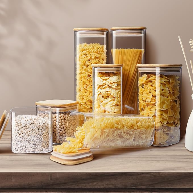 Square Glass Jars with Bamboo Lids 27 FL OZ [Set of 6], Glass Canisters with Airtight Lids, Glass Food Storage Containers for Coffee, Sugar, Tea, Candies, Cookies,Best for Kitchen & Pantry