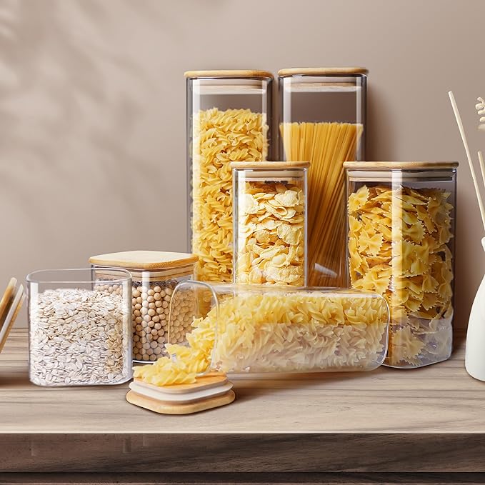 Square Glass Jars with Bamboo Lids [Muti Size Set of 5], Glass Canisters with Airtight Lids, Glass Food Storage Containers for Pasta, Cereal, Flour, Sugar, Best for Kitchen & Pantry