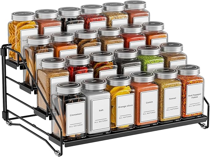 4 Tier Spice Rack for Cabinet, Spice Rack Organizer, Depth Adjustable Spice Holder for Countertop, Cupboard, Pantry, Seasoning Shelf, Metal, Black (1 Pack)