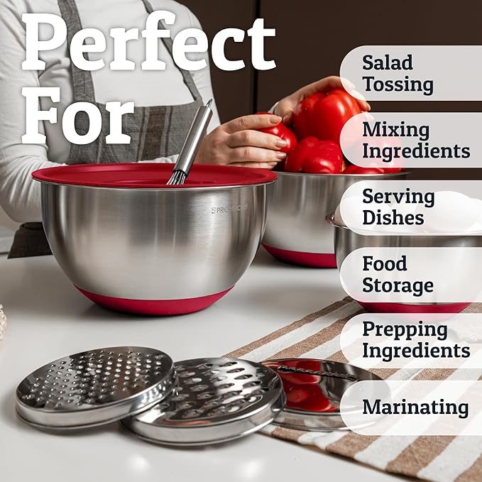 Priority Chef Stainless Steel Mixing Bowls with Lids Set, 3 Grater Attachments, Airtight Lids, Non-Slip Silicone Base Mixing Bowl Set, Large Prep Metal Mixing Bowls for Kitchen, Green