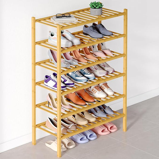 Smiry Bamboo Shoe Rack for Closet, 6 Tier Wooden Stackable Shoe Organizer, Free Standing Shoes Storage Shelf for Entryway, Front Door Entrance, Natural