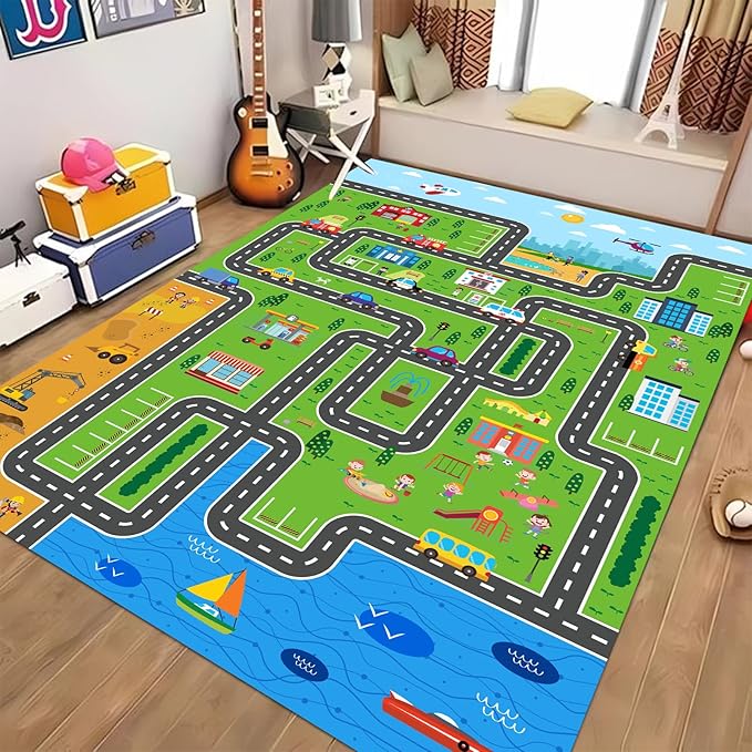 Kids Playmat Car Rug, Kids Play Rugs Town City Road Map Rug, Large Educational Car Mat, Boys Track Play Mat, Kid Rugs for Playroom Bedroom Living Room (Style 1, 78.7X 59 INCH)
