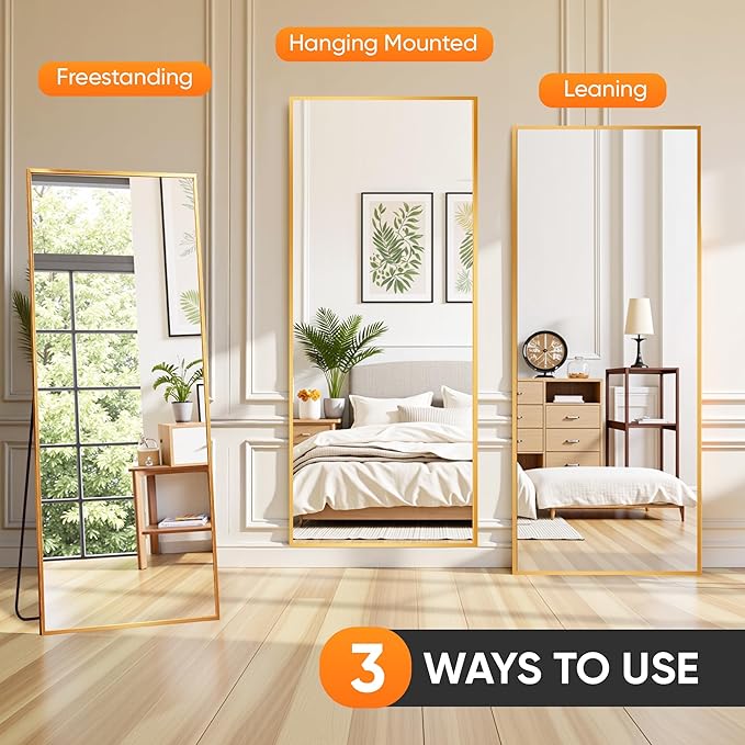 Suidia Full Length Mirror, 71"x28" Floor Standing Mirror Freestanding, Full Body Mirrors with Stand for Bedroom, Hanging Mounted for Living Room Cloakroom, Gold, Rectangular Style