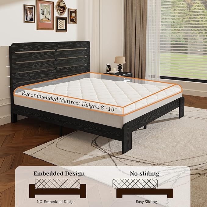 King Size Wooden Bed Frame with Headboard, Industrial Platform Bedframe with Wood Slat Support, Sturdy and No Noise, Easy Assembly (Black, King)