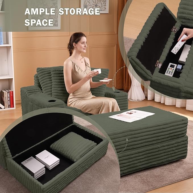 Garvee Oversized Chaise Lounge Chair Indoor with Storage Ottoman, Upholstered Corduroy Sofa Bed Cloud Couch with 3 Pillows, Single Sleeper Sofa Chair for Living Room, Bedroom