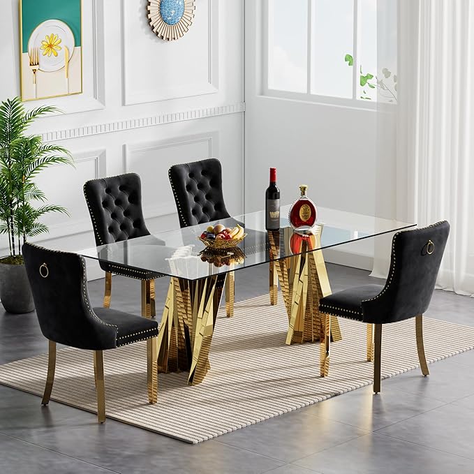 Goujxcy 70" Glass Dining Table Set for 4, Modern Gold Dining Table Set with 4 Black Velvet Upholstered Dining Chairs, 5 Piece Kitchen Dining Room Table Set with Stainless Steel Legs