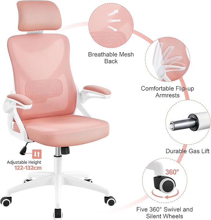 Yaheetech Ergonomic Office Chair, High Back Mesh Desk Chair with flip-up Armrests, Adjustable Headrest Computer Chair with Lumbar Support for Home Oiffce Gaming Room, White/Pink