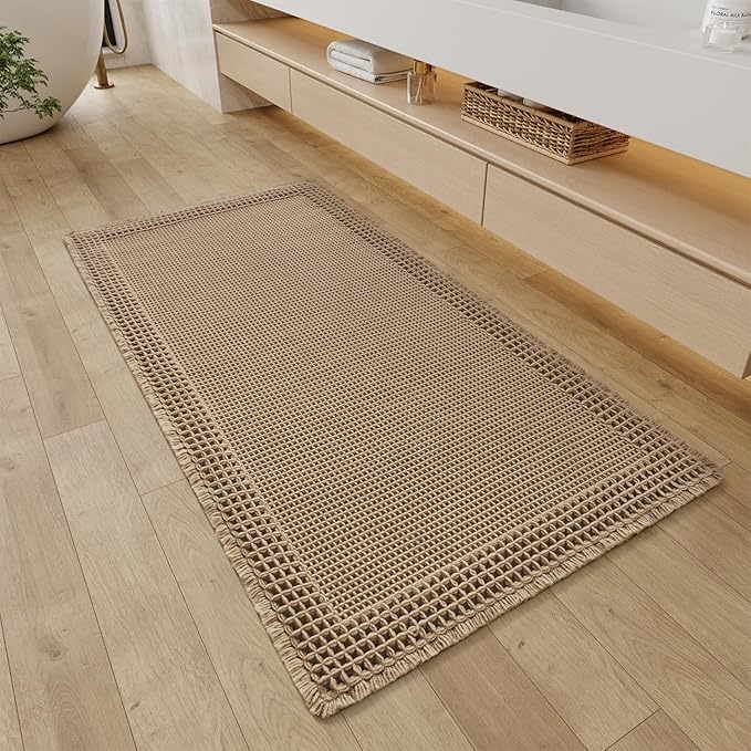 RESARE Waffle Bathroom Runner Rugs, Super Absorbent Bath Mat Non Slip Washable Quick Dry, Upgraded Ultra Soft Boho Bath Rugs with Tassels for Hallway Bedroom Laundry Room, 2'x4'(24"x48"), Beige