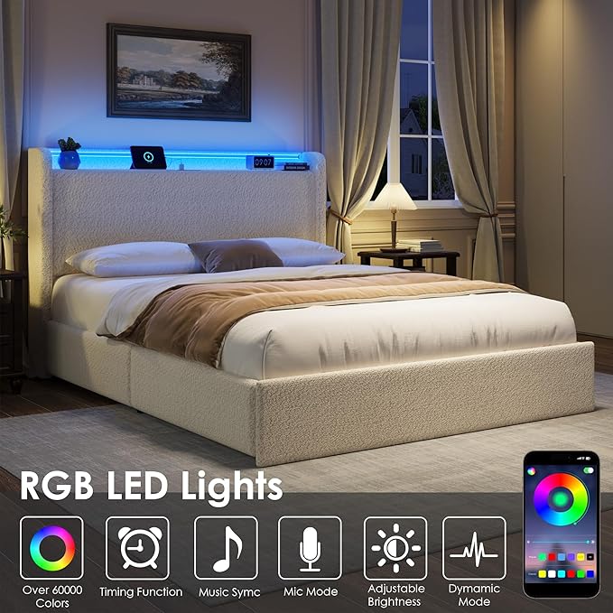 Full LED Bed Frame with 4 Storage Drawers and Storage Headboard, Soft Boucle Upholstered Platform Bed Frame with Charging Station and USB Ports, Solid Wood Slats Support, No Box Spring Needed, Cream