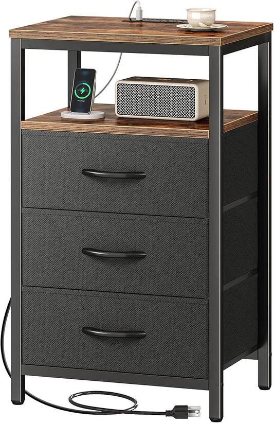 Huuger Nightstand with Charging Station, 27.6 Inch End Table Bedside Table with USB Ports and Outlets, Fabric Drawers, Night Stand for Bedroom, Rustic Brown and Black