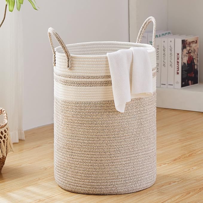 Fiona's magic 72L Large Woven Laundry Hamper, Tall Cotton Rope Storage Basket, Jute Baby Nursery Hamper for Blankets, Toys and Clothes in Bedroom and Living Room Organizing, Brown & White