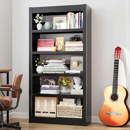 61" Metal Bookshelf and Bookcase | 5-Tier Adjustable Shelves, Deep Modern Storage Shelf for Living Room, Office, Bedroom (Black)