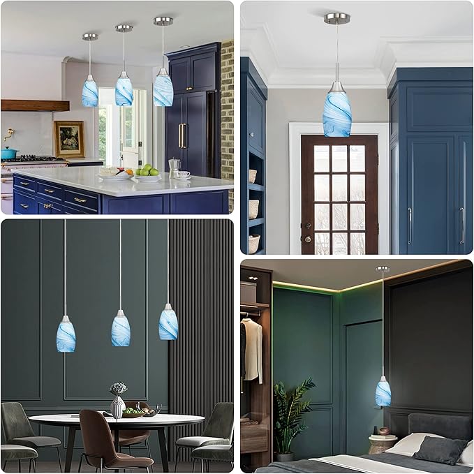Mini Glass Pendant Light 1-Pack with Handblown Blue Marble Art Oval Glass Lamp Ceiling Hanging Light 4.72" Glass Chandelier for Dining Room Kitchen Foyer Hallway