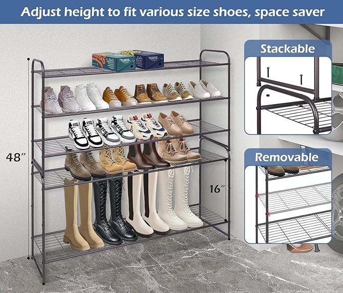 KEETDY Long 3 Tier Shoe Rack for Closet Wide Shoe Storage Organizer Stackable Metal Shoe Shelf for 24 Pairs Men Sneakers with Wire Grid for Closet Floor, Bedroom, Entryway, Bronze