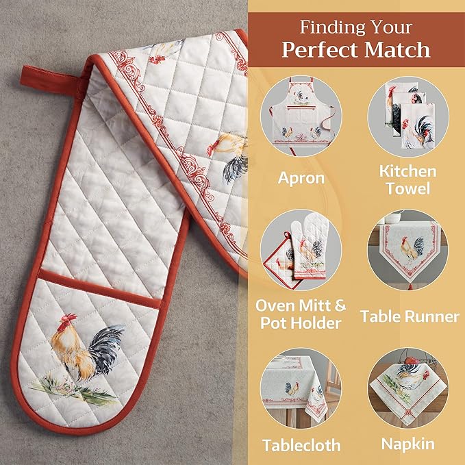 Maison d' Hermine Double Oven Mitts 100% Cotton 7"x35" Double Oven Mitt Heat Resistant BBQ Cooking Gloves with Loop, Baking, Grilling, Home, Kitchen, Handling Hot Pans Spring Summer (Campagne)