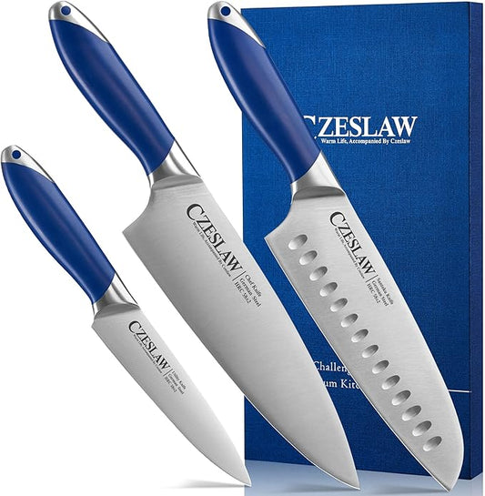 knife set, 3 Piece kitchen knife set - Razor Sharp Professional Japanese Chef Knife set, Forged from High Carbon German Steel,Full Tang Prussia Blue Handle,cooking gifts cooks