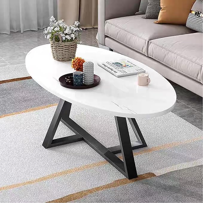 Coffee Table Small Oval Table,White Faux Marble Table for Living Room, Modern Center Tea Tables for Small Space,Wooden Tables End Tables with Sturdy Black Metal Leg