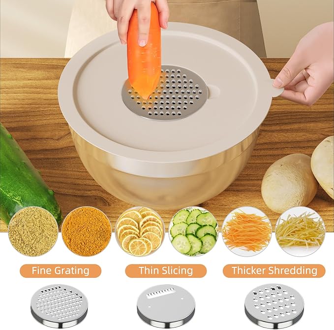 Mixing Bowls with Lids Set, 6 Piece Stainless Steel Nesting Storage Bowls for Kitchen, with 3 Grater Attachments & Non-Slip Bottoms, Size 5.5,3.5,2.5,2.1,1.5,1.1 QT