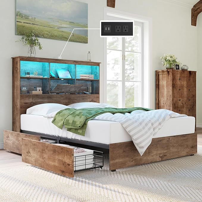 AMERLIFE Queen Size Bed Frame Wooden Platform Bed with 51.2" LED Storage Bookcase Headboard, 4 Storage Drawers & Charging Station/No Box Spring Needed/Noise Free/Rustic Brown