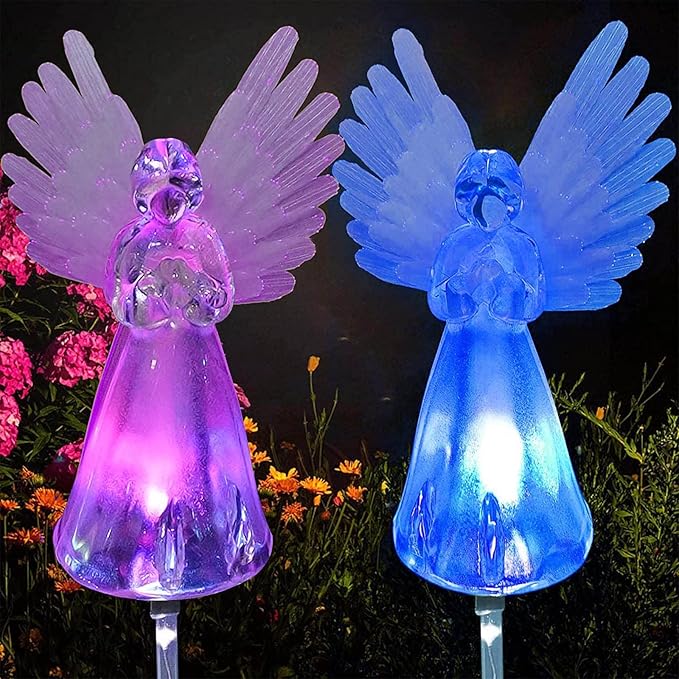 2 Pack Outdoor Solar Angel Statues for Christmas Garden Cemetery Decorative Light, Stakes Multi-Color Changing LED Waterproof Lawn Decor for Patio Cemetery Grave Gravesites, Memorial Gift