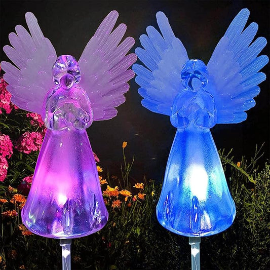 2 Pack Outdoor Solar Angel Statues for Christmas Garden Cemetery Decorative Light, Stakes Multi-Color Changing LED Waterproof Lawn Decor for Patio Cemetery Grave Gravesites, Memorial Gift