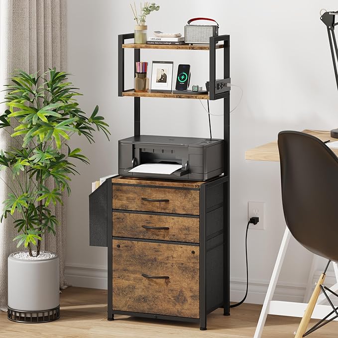 Small 3 Drawer File Cabinet with Charging Station, 3-Tier Tall Filing Cabinet for Home Office, 11''*16'' for Small Printer, Fabric Drawer Fits Letter/A4, Printer Stand 45''H, Rustic Brown