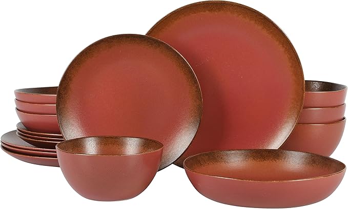 Bloomhouse - Oprah's Favorite Things - Palermo Sun Double Bowl Stoneware Reactive Glaze Plates and Bowls Dinnerware Set - Paprika Red, Service for Four (16pcs)