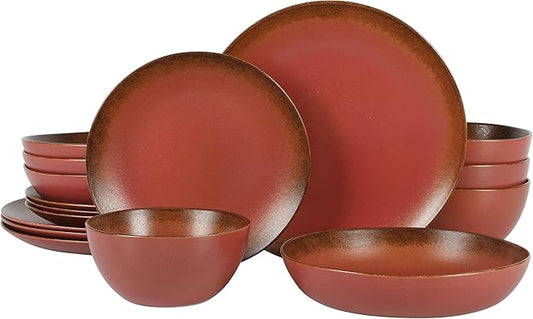 Bloomhouse - Oprah's Favorite Things - Palermo Sun Double Bowl Stoneware Reactive Glaze Plates and Bowls Dinnerware Set - Paprika Red, Service for Four (16pcs)