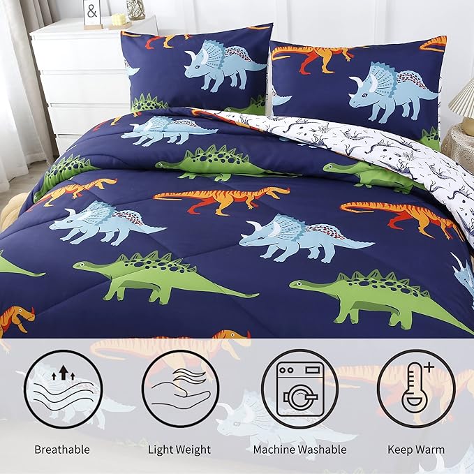 RYNGHIPY Cartoon Dinosaur Comforter Set, Dark Blue Dinosaur Kids Bedding Set for Boys, Dinosaurs Print Comforter Sets for Kids/Toddlers/Teens (Dinosaur,Queen)