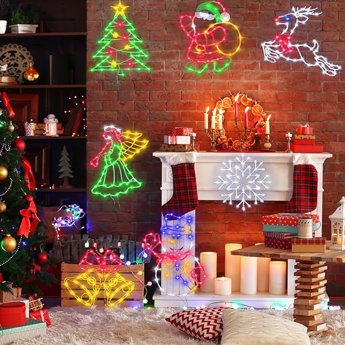 16" Christmas Window Silhouette Lights - 4 Pack Colour Lighted Christmas Tree ＆ Snowman ＆ Angel ＆ Santa for Holiday Indoor and Outdoor Wall Door Window Decorate