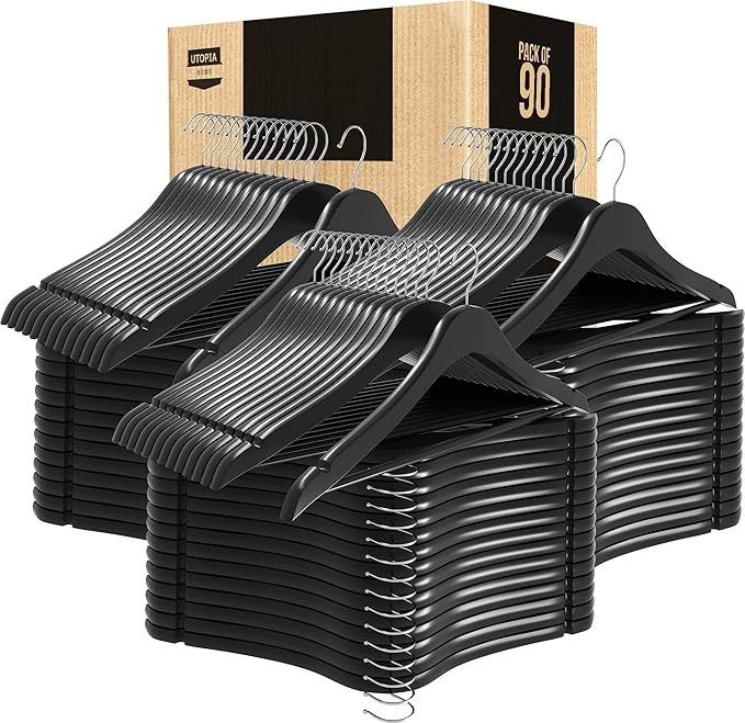 Utopia Home Premium Wooden Hangers 90 Pack - Durable & Slim Coat Hanger - Suit Hanger with 360-Degree Rotatable Hook - Wood Hangers with Shoulder Grooves (Black Color)