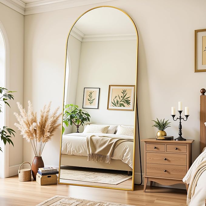 Full Length Mirror, 71"x28" Oversized Floor Mirror Freestanding, Full Body Mirror Floor Standing Mirrors with Stand, Hanging Mounted Mirrors for Bedroom Living Room, Gold, Arched Style