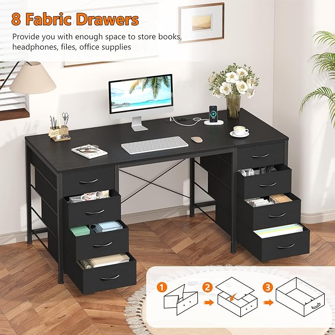 50 Inch Computer Desk with 8 Drawers, Home Office Desk with Power Outlets, Work Study Gaming Desk with 8 Fabric Drawers, Black