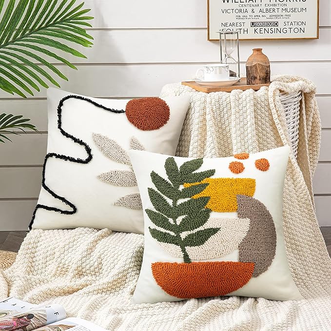 Merrycolor Abstract Boho Pillow Covers Tufted Mid Century Modern Throw Pillows Minimalism Aesthetic Textured Pillow Cover Sun Leaf Boho Pillows Decorative Throw Pillows for Bed Couch Sofa,18x18