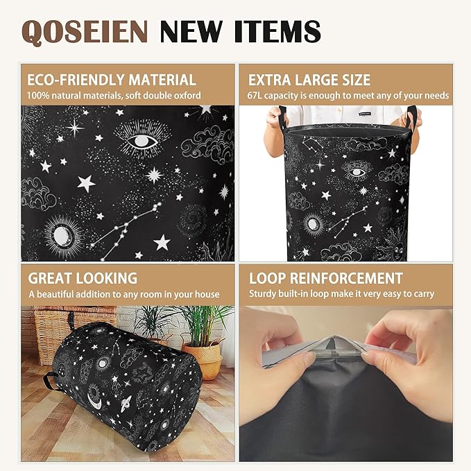 Mystical Sky Collapsible Laundry Baskets,Sun Stars Laundry Hamper,Storage Basket with Handles for Bathroom Bedroom College Dormitory Living Room Nursery Organizer 16"x20"