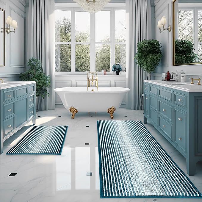 BSICPRO Bathroom Rugs and Mats Sets, 2 Piece Thick Absorbent Chenille Bath Mat Rug Set Non Slip, Soft Shaggy Bath Room Floor Mats for Bathroom, Machine Washable (20" x 60" Plus 20" x 32", Teal)