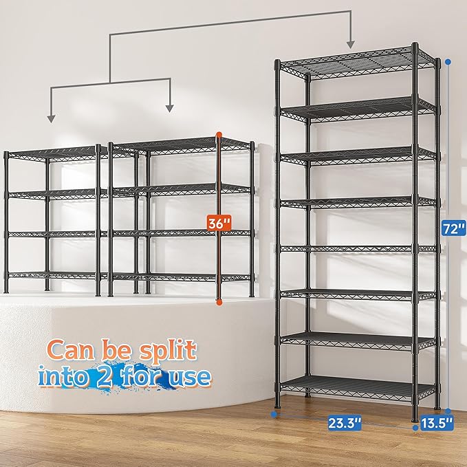 8 Tier Wire Shelving Unit Storage Shelves Loads 1200LBS,Adjustable Metal Shelving and Storage Wire Rack Pantry Shelves Commercial Shelf for Closet Kitchen Bathroom Office 72''H X 13.8''D X 23.6''W