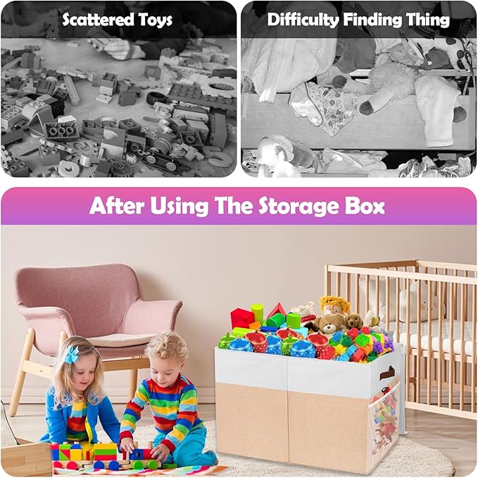 Large Toy Storage Box with Lid, Collapsible Sturdy Toys Storage Organizer Chest Bin Basket with Divider for Kids, Boys, Girls, Closet, Playroom, Bedroom, Nursery, 26"x17"x17" (Beige and White)