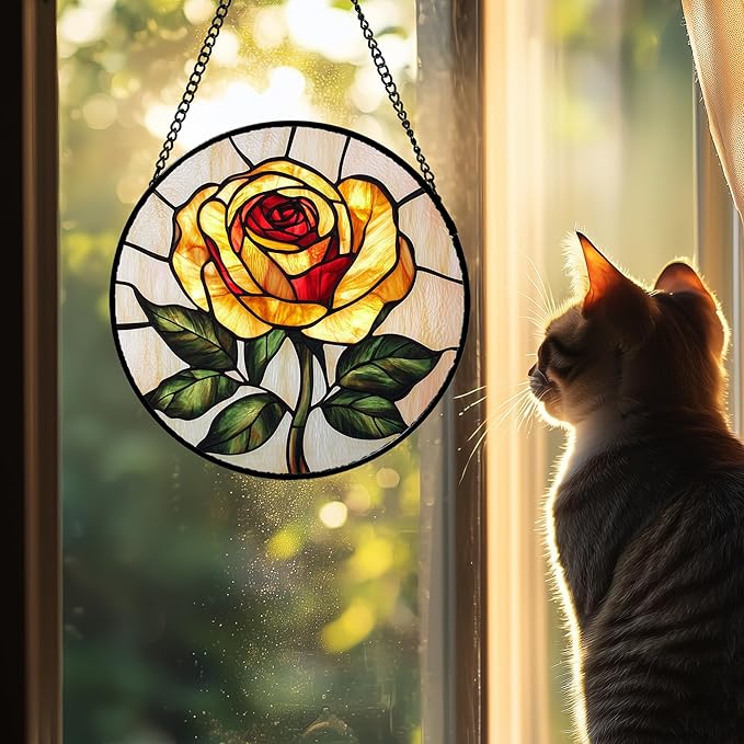 Stained Glass Window Hanging - Elegant Yellow Rose Flower Sun Catcher for Door Garden Home Decor Suncatcher Christmas Mother's Day Birthday Gifts for Women Mom Girl Nana Friend 9.8 in