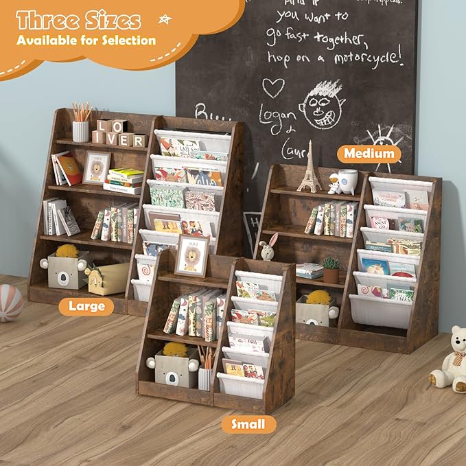 Kids Bookshelf for Bedroom Toddler Child Baby Bookcase 4-Tier for Nursery Book Toy Storage Organizer 6 Sling Adjustable Display Shelf Stand Book Rack Wood Classroom Playroom Rustic Brown