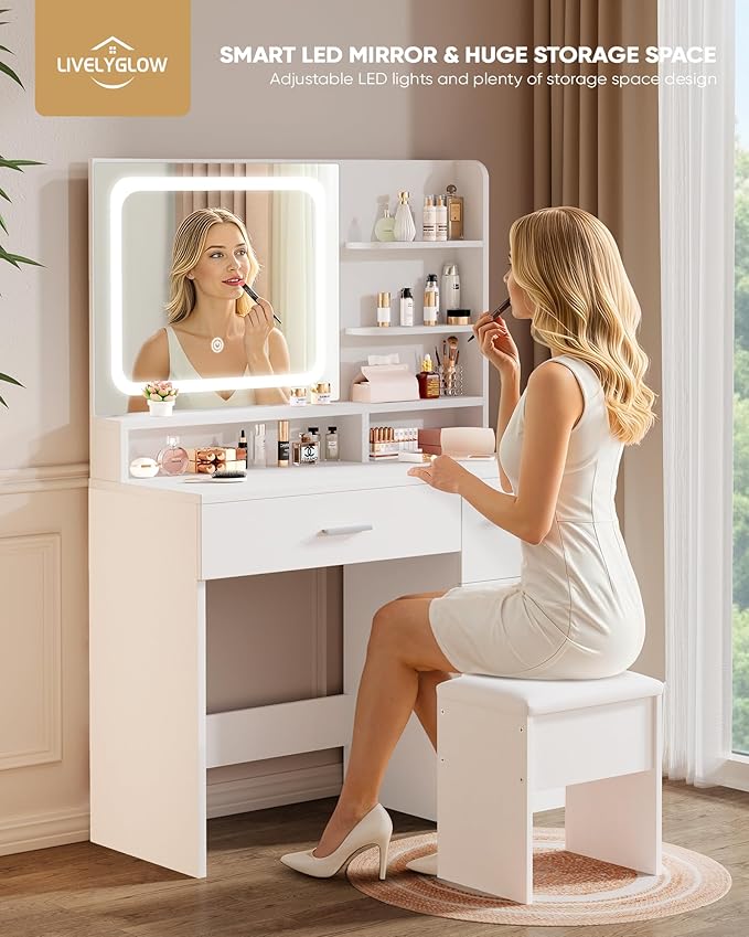Makeup Vanity Desk Set, 35.4“Wx15.7”Dx53.9“H, White (Smart LED Mirror, with Cushion Stool, Hairdryer Rack, Power-Outlet, 4 Drawers, Open Shelves)