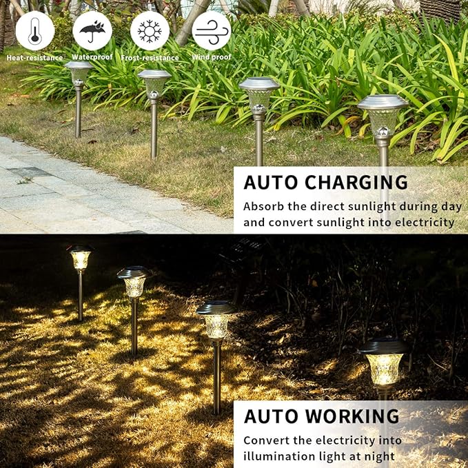 GIGALUMI 8 Pack Solar Pathway Lights, Solar Garden Lights Outdoor Warm White, Waterproof Led Path Lights for Yard, Patio, Landscape, Walkway (Stainless Steel)