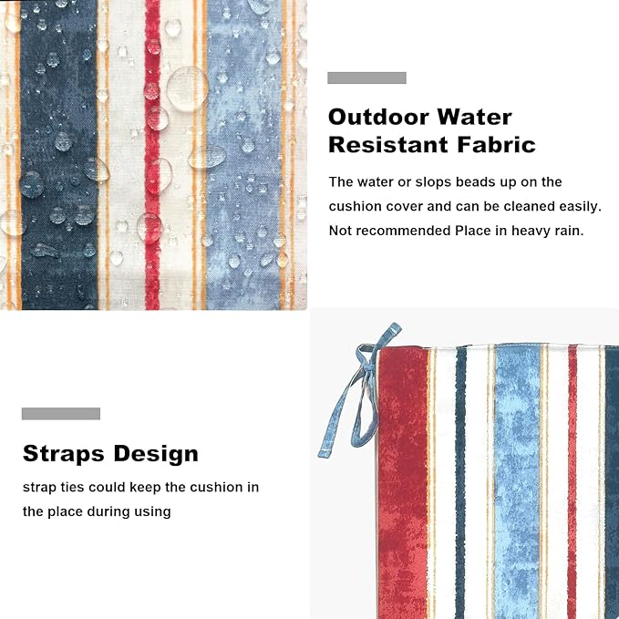 Set of 2 Outdoor Square Chair Cushions 18.5"x16"x2" for Patio, Water Resistant Patio Dining Seat Pads Replacement for Kitchen Garden and Outdoor Furniture Decoration - Stripe Red Blue