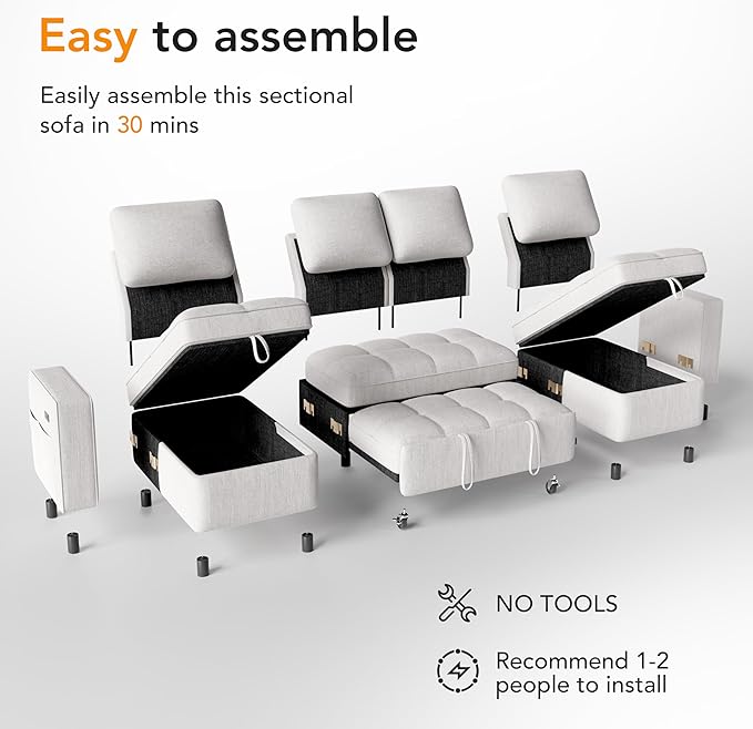 Vipbear Sleeper Sectional Sofa, 105" U Shaped Couch with Pull Out Bed, Convertible Chenille Cloud Sofa with Reclining Backrest | Double Storage Chaise | USB Ports | Tool-Free Assembly | Beige