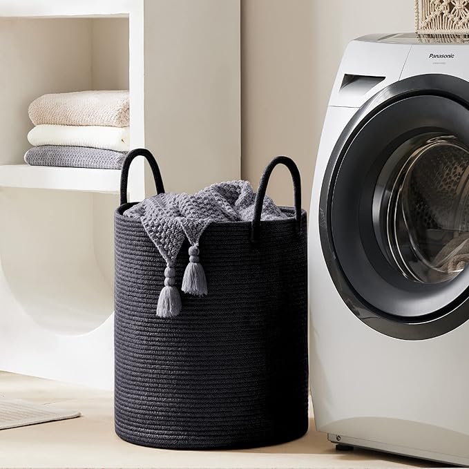 Woven Rope Laundry Hamper Basket, 58L Tall Laundry Basket, Baby Nursery Hamper for Blanket Storage in Bedroom-Large- Black
