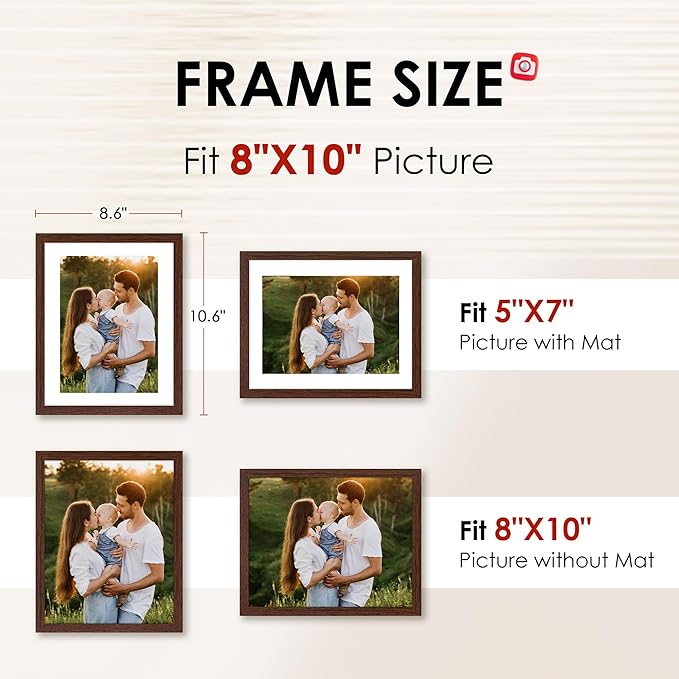 FIXSMITH 8x10 Picture Frame Bulk-6 Pack, Photo Frame with HD Plexiglass, Display Pictures 5x7 with Mat or 8x10 Without Mat, Brown Picture Frames Collage Wall Decor, Wall & Tabletop Picture Frames