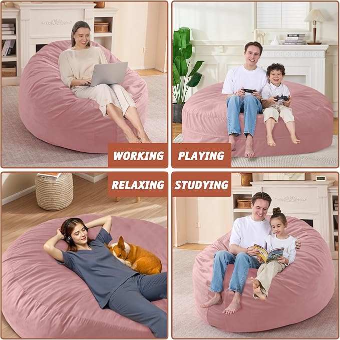 7FT Bean Bag Chair with Ultra Soft Velvet Cover Bean Bag Sofa with Memory Foam Bean Bag Chairs with Large Size Lazy Sofa for Dorm Office Living Room Bedroom Dusty Pink 7'