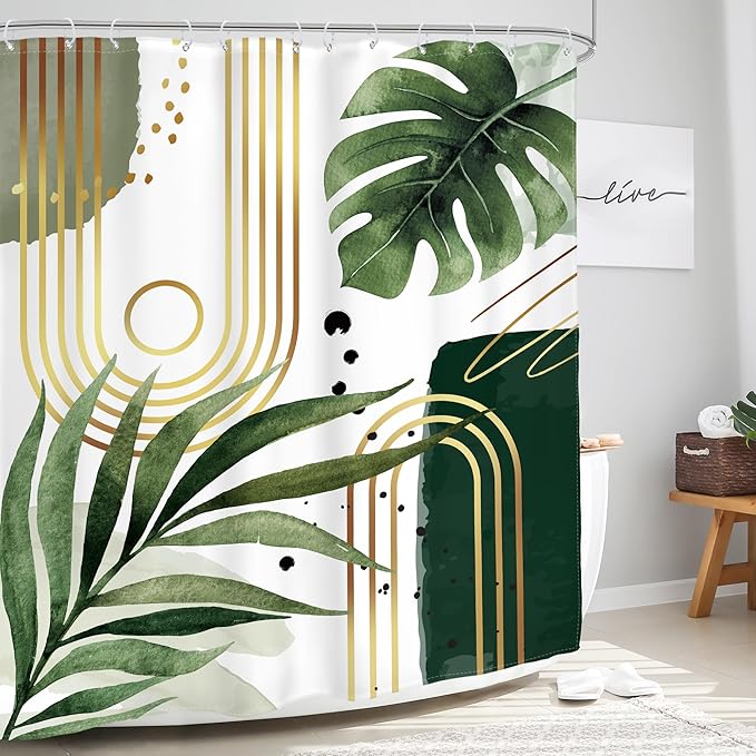 Glawry Green Gold Boho Mid Century Shower Curtain Abstract Tropical Plant Minimalist Modern Geometric Palm Leaf Arch Bathroom Simple 72Wx72L Inches Bath Accessories Art Home Decor Fabric 12 Pack Hooks