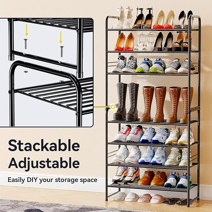 4-Tier 27” Wide Shoe Rack for Closet, Metal Stackable Shoe Shelf Organizer, Holds 14 Pairs, Black
